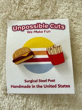 Cheeseburger & Fries Wood Earrings (never worn)